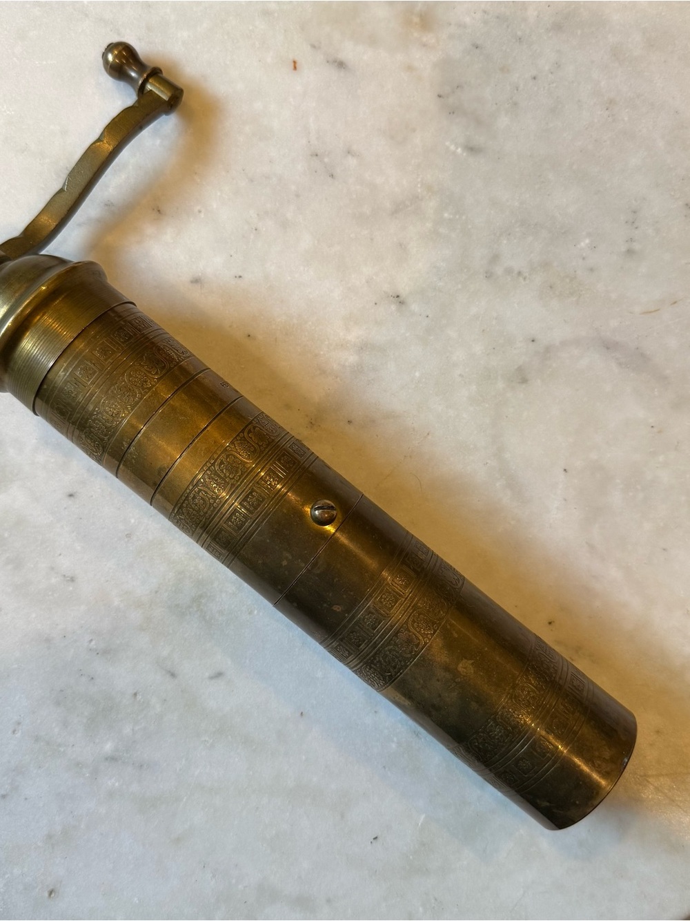 Antique 11" Greek Atlas Brass Pepper Mill Grinder - Cylindrical Hand Mill